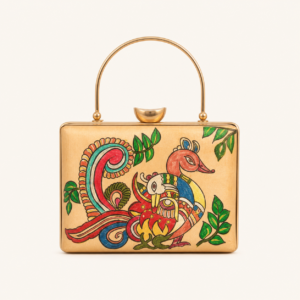 Kalamkari Peacock on Rectangular Metallic Clutch
