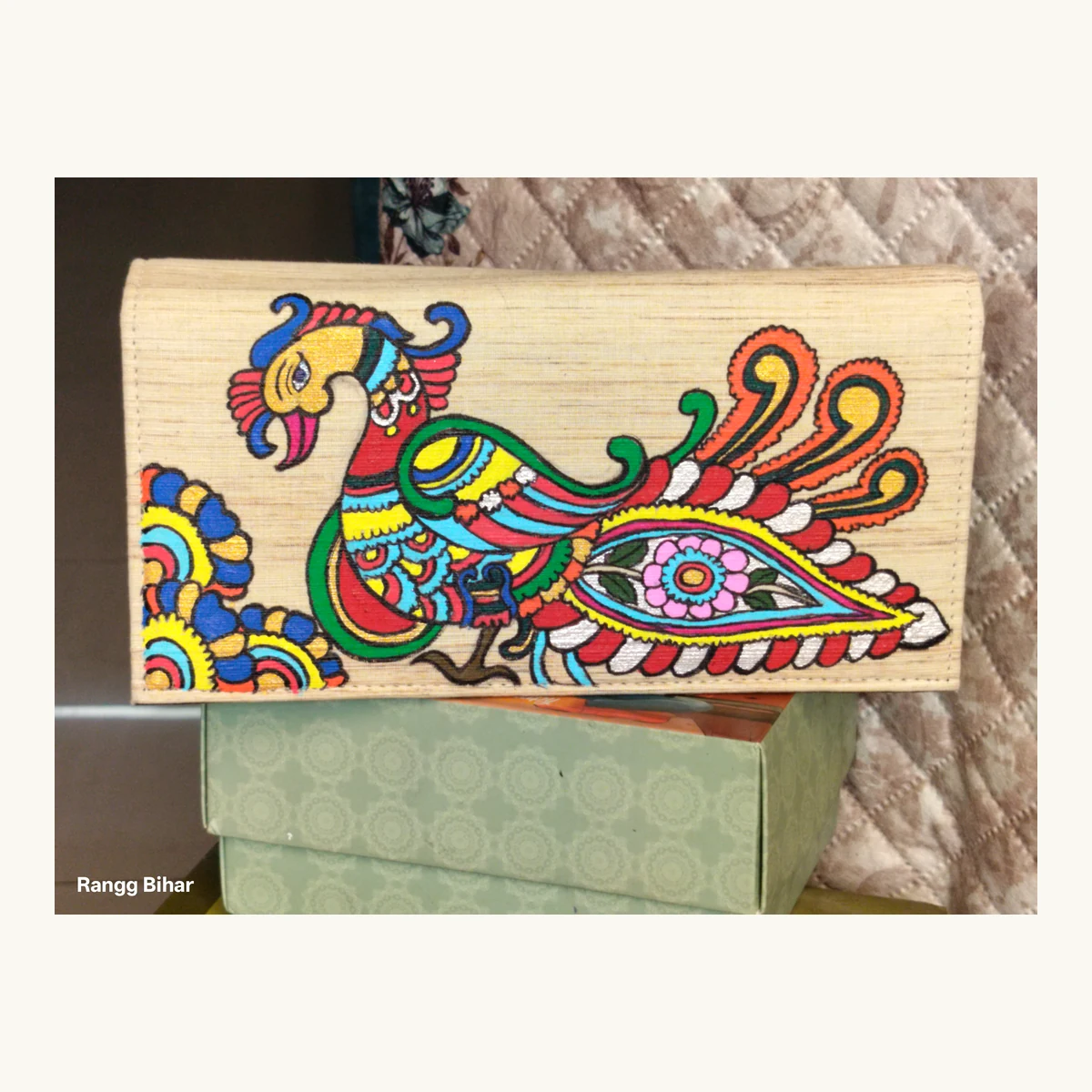 Kalamkari Peacock on Threefold Clutch